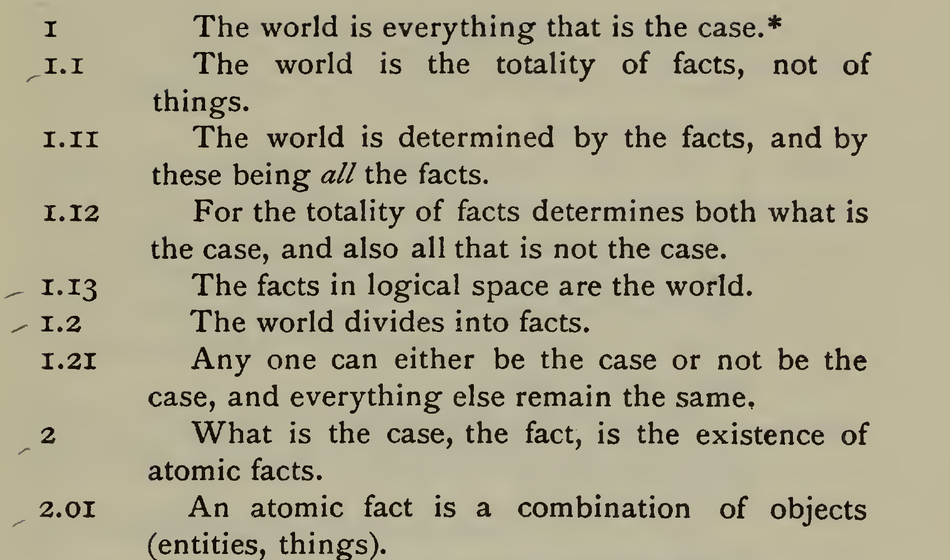 Scanned page of the 1922 Ogden Tractatus, propositions 1 to 2.01