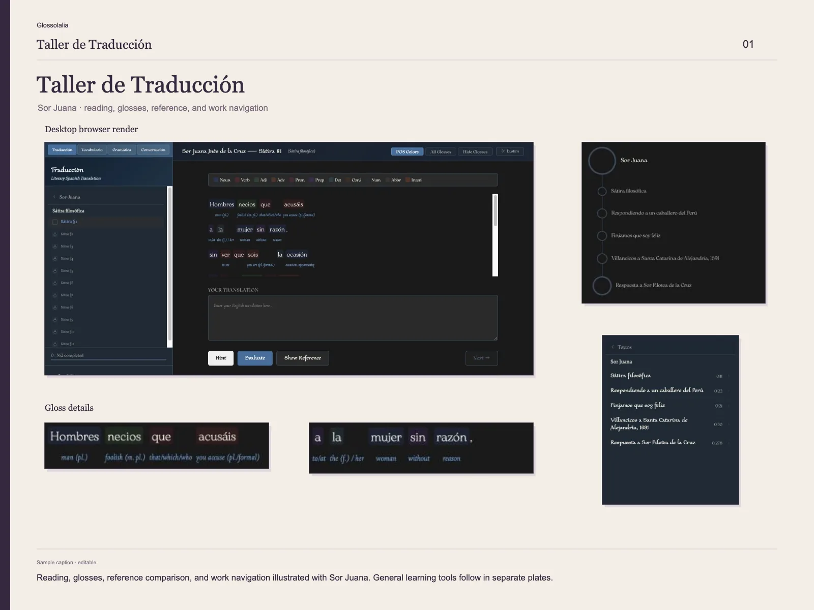 Taller de Traducción: A text-centred workspace with vocabulary, grammar, conversation pathways, and linked work progress.