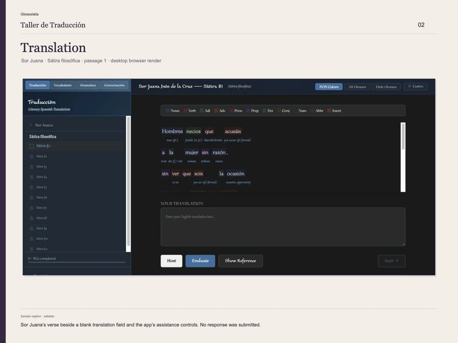 Traducción: The source passage, a blank English translation field, and assistance controls share one workspace.