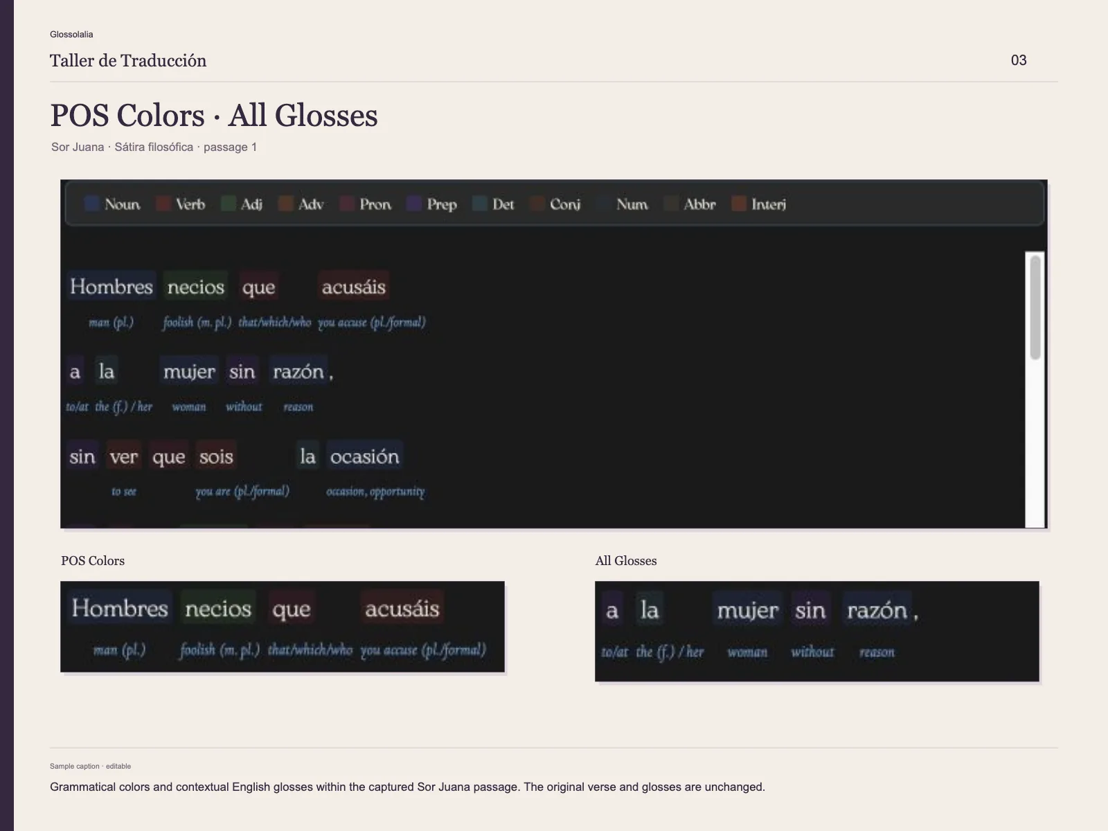 POS Colors · All Glosses: Grammatical colors and English glosses appear within the original passage. Enlarged details retain the captured interface.