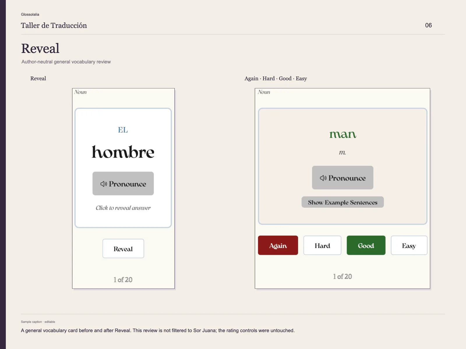 Reveal: A review card before and after Reveal. The rating and pronunciation controls were left untouched.
