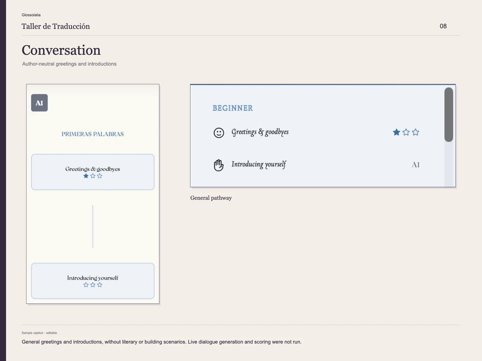 Conversación: The installed app exposes a scenario pathway. Live dialogue generation, phase transitions, and scoring were not run.