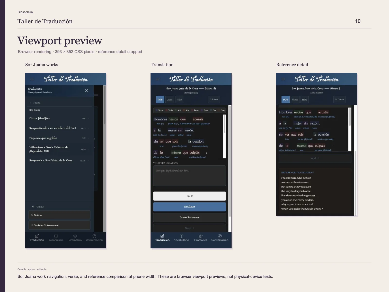 Viewport preview: The live app at phone width: navigation drawer, reading workspace, and reference comparison. Existing session appearance is preserved.