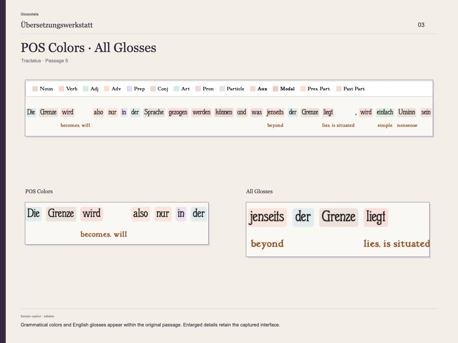 POS Colors · All Glosses: Grammatical colors and English glosses appear within the original passage. Enlarged details retain the captured interface.