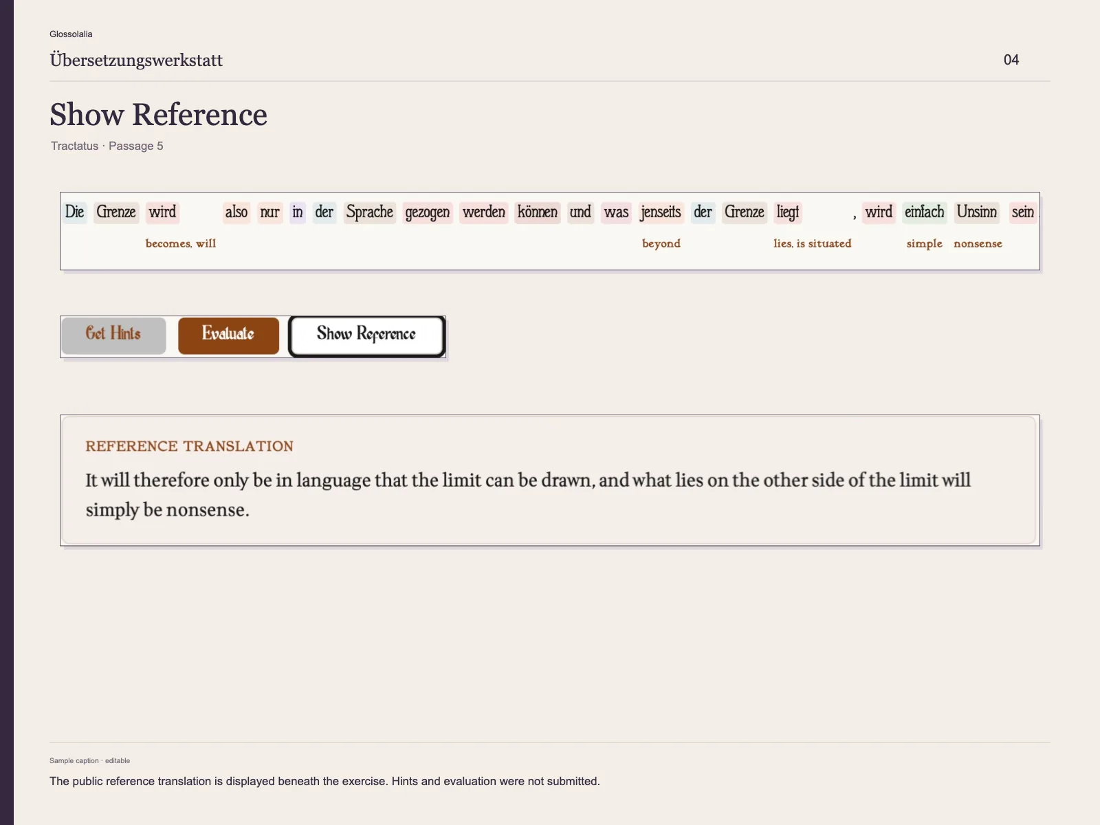Show Reference: The public reference translation is displayed beneath the exercise. Hints and evaluation were not submitted.