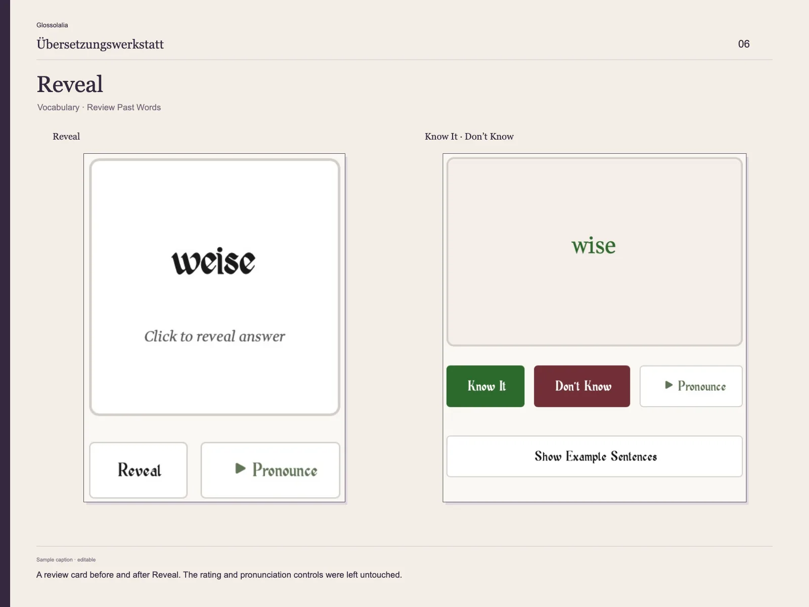 Reveal: A review card before and after Reveal. The rating and pronunciation controls were left untouched.