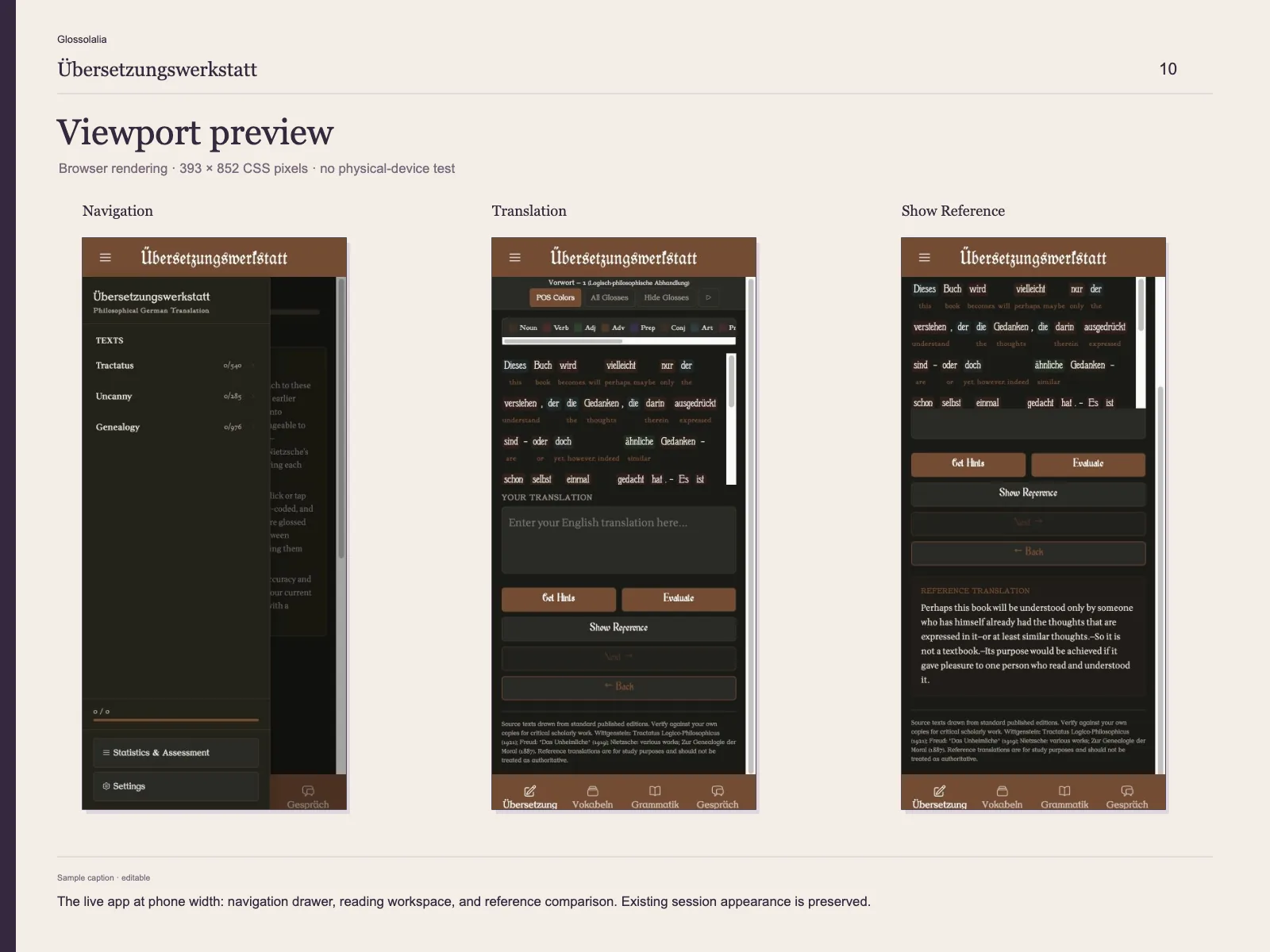 Viewport preview: The live app at phone width: navigation drawer, reading workspace, and reference comparison. Existing session appearance is preserved.