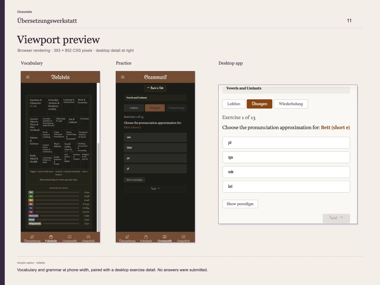 Viewport preview: Vocabulary and grammar at phone width, paired with a desktop exercise detail. No answers were submitted.